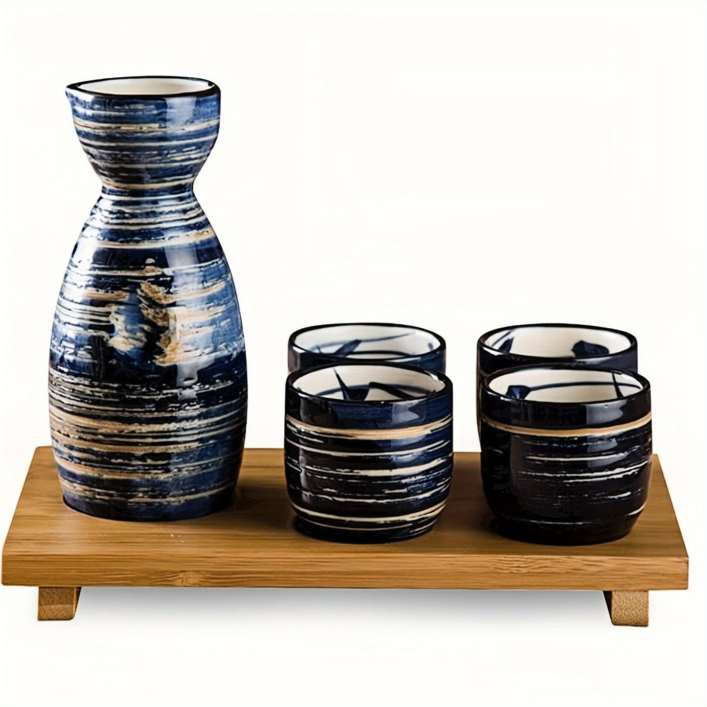 1 Set Japanese Hand-Painted Navy Blue Brushed Striped Ceramic Sake Set - Microwave Safe, Dishwasher Friendly, Ideal for Sushi Restaurants & Family Gatherings