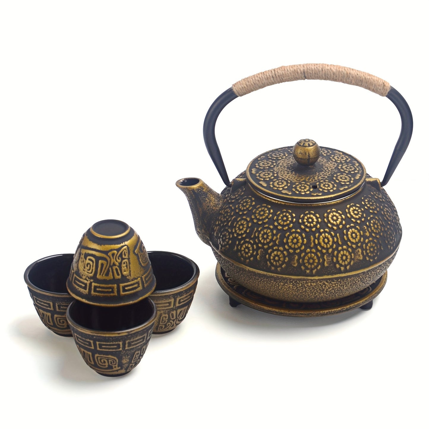 6 Piece Set Golden Japanese Cast Iron Teapot (30 oz 900 ml) with 4 Tea Cups (2 oz each) Leaf Tea Infuser and Trivet