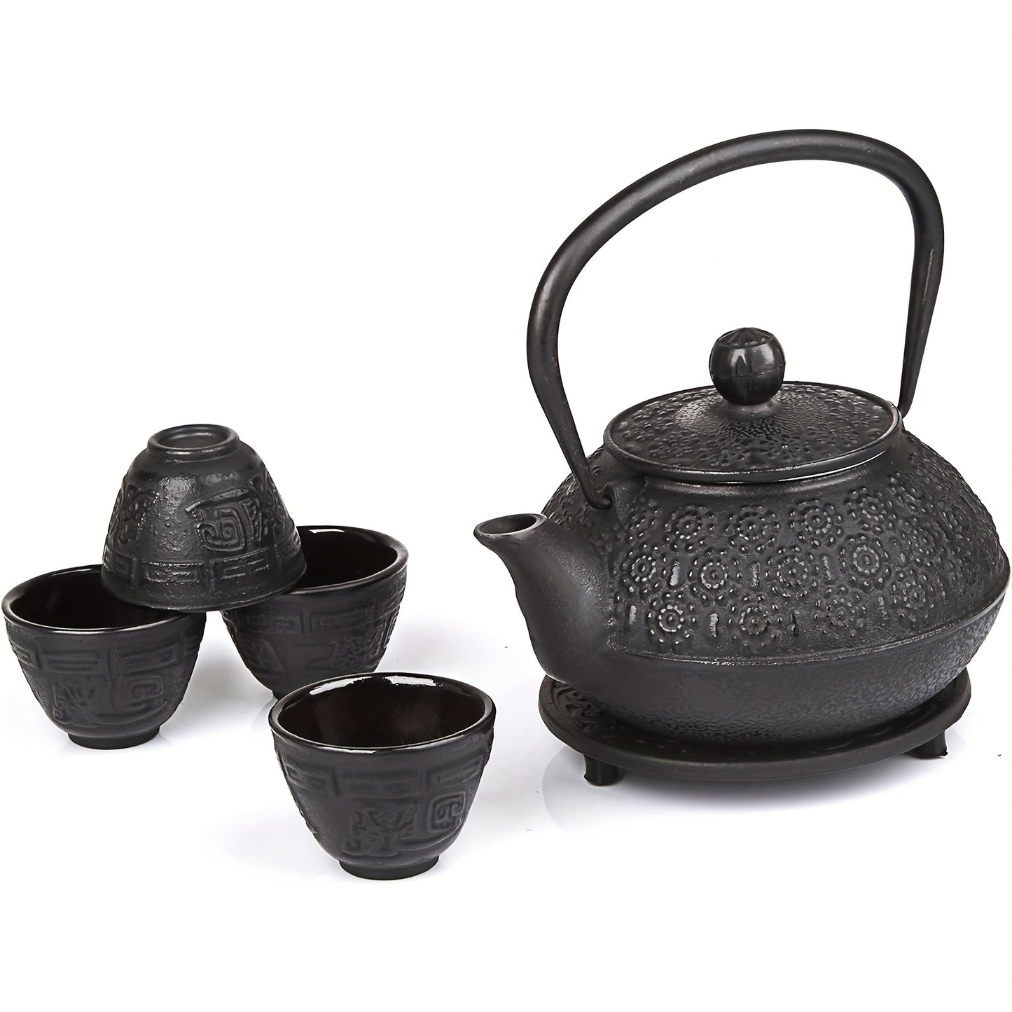 6-Piece Black Japanese Cast Iron Teapot Set (30 Oz/ 900 Ml) With 4 Tea Cups (2 Oz Each), Leaf Tea Infuser, And Trivet