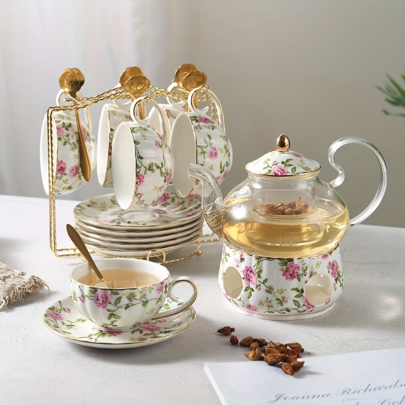 1 Set Of 21 Ceramic Tea Sets, Including A Glass Pot, A Base, Six Cups, Six Coasters, Six Spoons And A Metal Holder, Flower Tea Set, Glass Flower Teapot, Afternoon Tea Set, Family Restaurant Hotel Party, Tea Accessories, Gifts For Friends