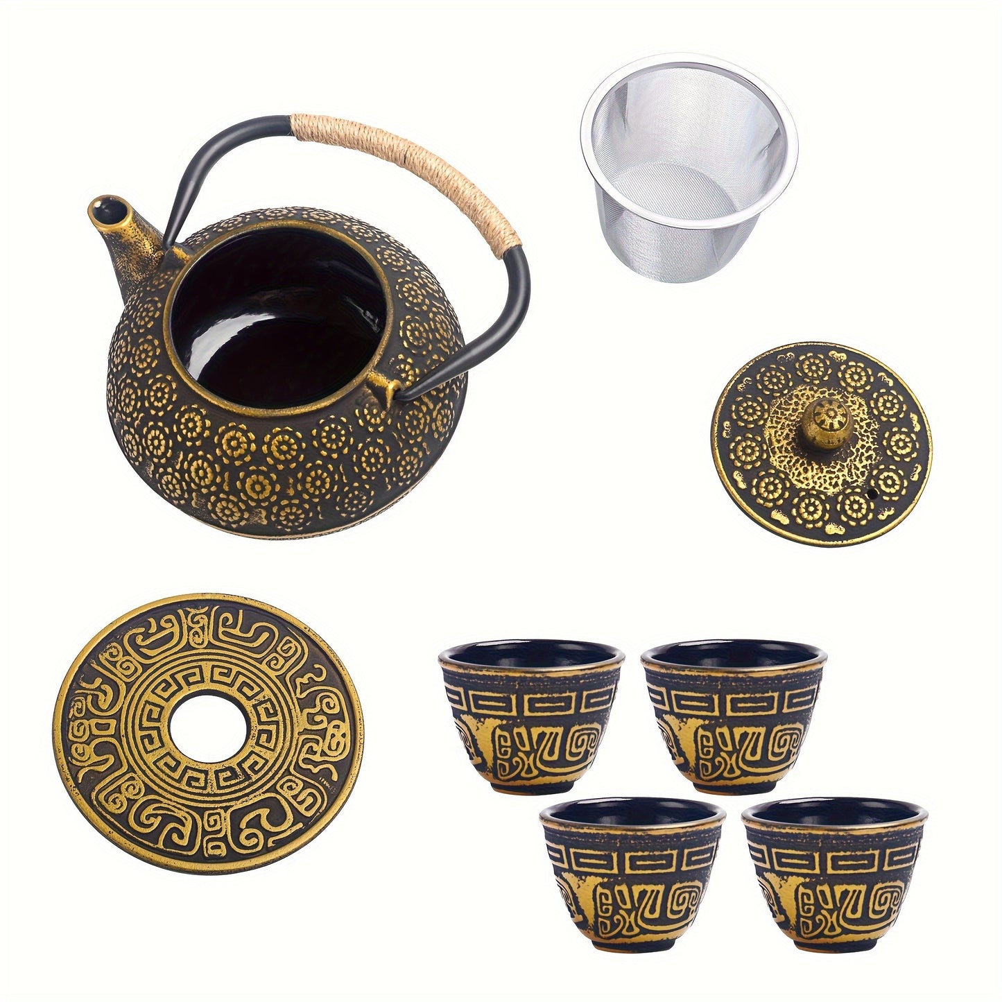 6 Piece Set Golden Japanese Cast Iron Teapot (30 oz 900 ml) with 4 Tea Cups (2 oz each) Leaf Tea Infuser and Trivet