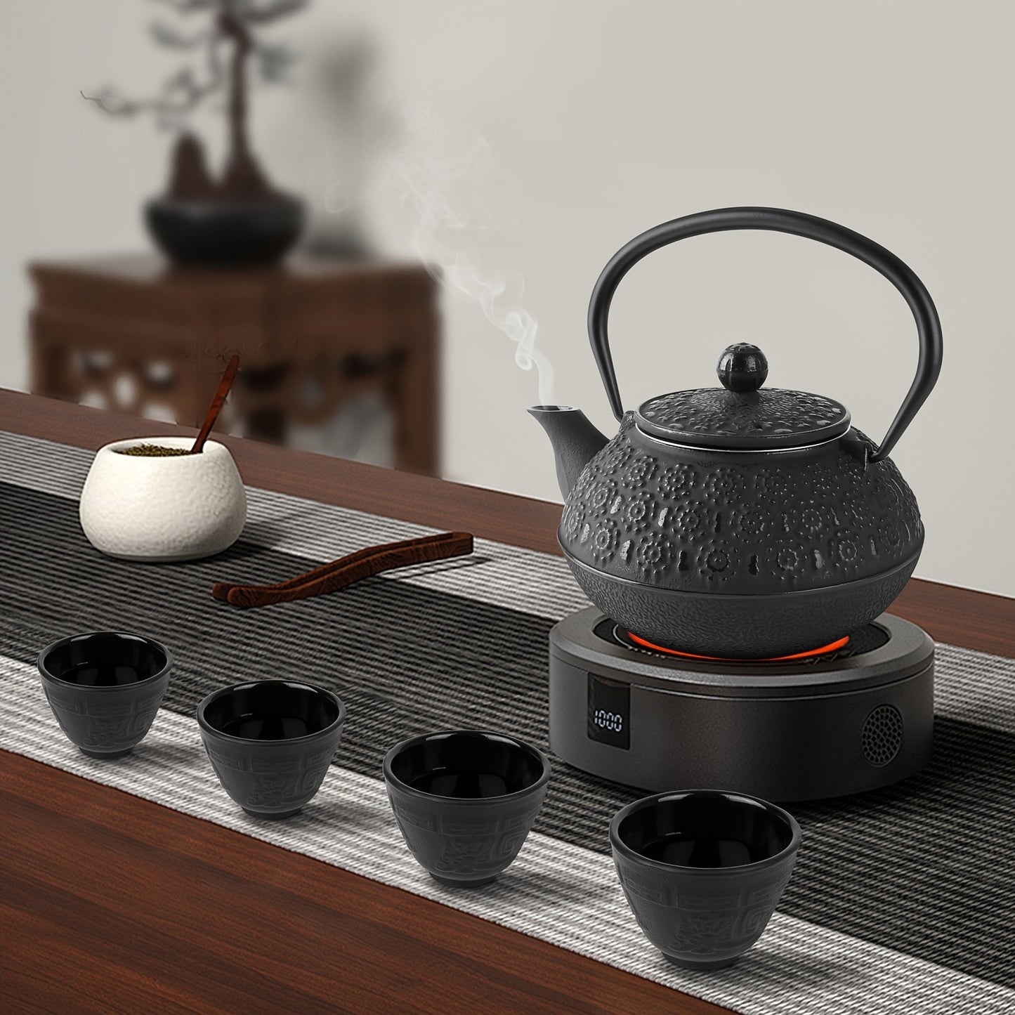 6-Piece Black Japanese Cast Iron Teapot Set (30 Oz/ 900 Ml) With 4 Tea Cups (2 Oz Each), Leaf Tea Infuser, And Trivet