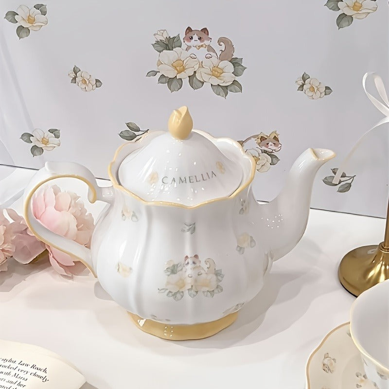 1 Set Camellia Brand Ceramic Tea Set, 2 Cups 2 Saucers 1 Teapot, Hand Wash Only, Lead-Free, Insulated, Animal Theme, Multipurpose Use