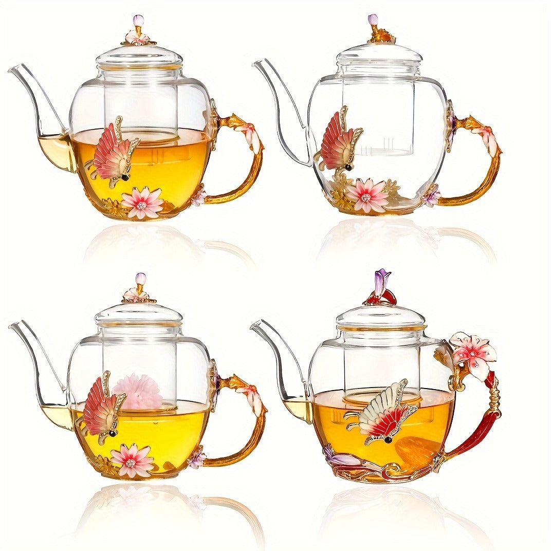Elegant Pink Butterfly & Lily Glass Teapot - Perfect for Blooming Tea, Loose Leaf, and Herbal Infusions - Ideal Gift for Tea Enthusiasts