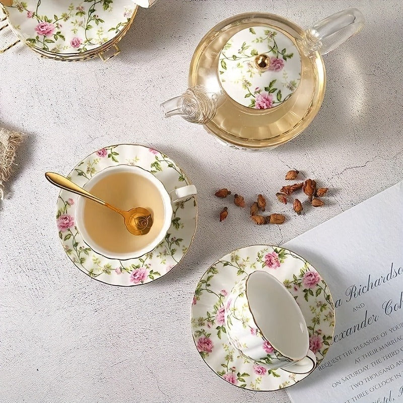1 Set Of 21 Ceramic Tea Sets, Including A Glass Pot, A Base, Six Cups, Six Coasters, Six Spoons And A Metal Holder, Flower Tea Set, Glass Flower Teapot, Afternoon Tea Set, Family Restaurant Hotel Party, Tea Accessories, Gifts For Friends