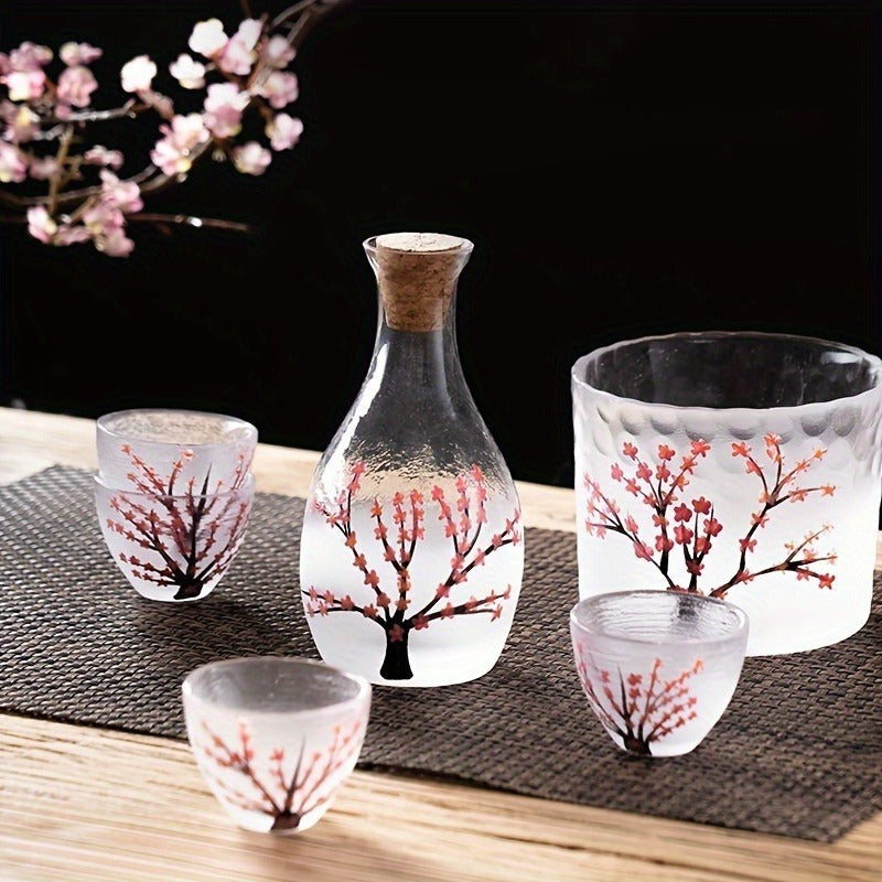 Vintage Plum Blossom Handmade Sake Set - Includes Tokkuri Bottle & Ochoko Cups, Reusable Glassware for Home and Restaurant Use