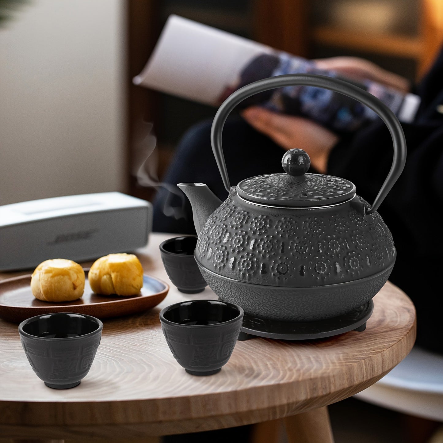 6-Piece Black Japanese Cast Iron Teapot Set (30 Oz/ 900 Ml) With 4 Tea Cups (2 Oz Each), Leaf Tea Infuser, And Trivet