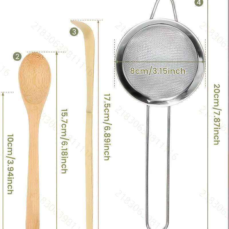 5pcs Japanese Matcha Tea Set with Handmade Bamboo Whisk, Traditional Chashaku Scoop, Deep Scoop, Stainless Steel Strainer & Clear Holder - Perfect for Tea Enthusiasts