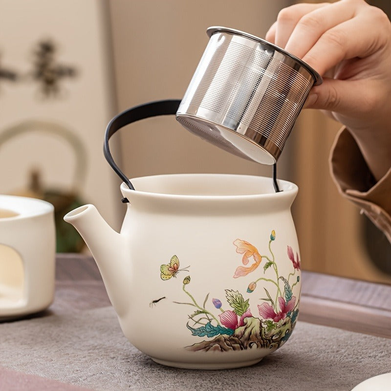 4pcs Ceramic Tea Pot And Cup Set, Flowers And Plants Print Tableware Set, With One Pot And Two Cups For Brewing Tea, Health Preservation, Socializing, Outings, Tea Parties And Decorations, Dining And Entertainment