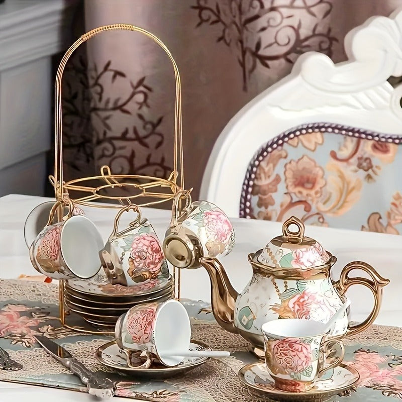 14-Piece European Ceramic Tea Set with Metal Stand, Elegant Floral Design, Holiday Theme for Afternoon Tea & Gift Giving