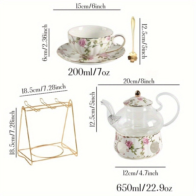 1 Set Of 21 Ceramic Tea Sets, Including A Glass Pot, A Base, Six Cups, Six Coasters, Six Spoons And A Metal Holder, Flower Tea Set, Glass Flower Teapot, Afternoon Tea Set, Family Restaurant Hotel Party, Tea Accessories, Gifts For Friends
