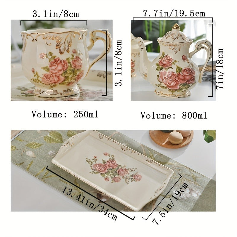 10pcs Ceramic Tea Set, European Style Retro Light Luxury Rose Flower Pattern Tea Set, Water Cup, Light Yellow Tea Kettle With Spoon Set, For Afternoon Tea, Restaurant, Living Room
