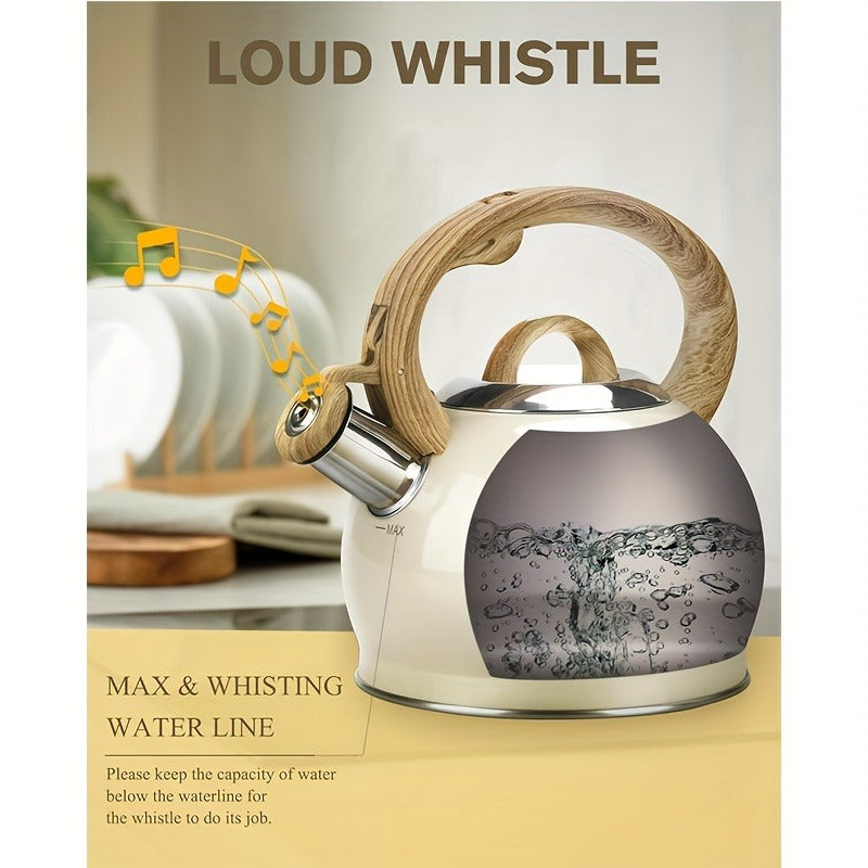 2.1 Quart Food Grade Stainless Steel Whistling Tea Kettle, Stove Top Teapot with Wood Pattern Folding Handle, Suitable for All Heat Sources