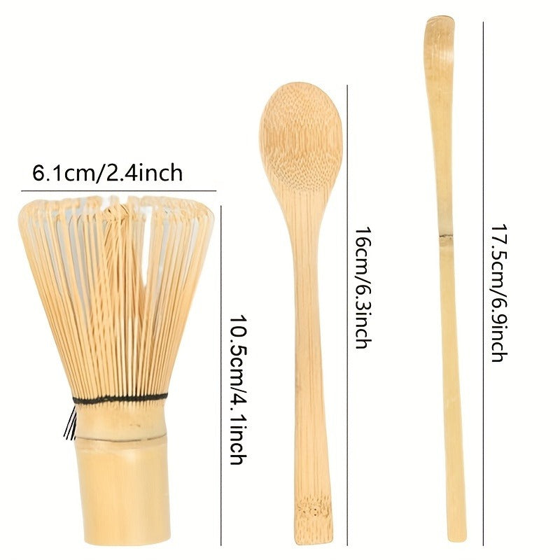 3pcs Set Traditional Handmade Matcha Whisk Set with Chasen Whisk, Chashaku Scoop, and Spoon for Matcha Tea