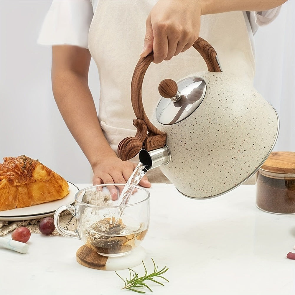 84.54oz Stainless Steel Whistling Tea Kettle with Natural Stone Finish and Wood Pattern Handle - Fast Boil, Perfect for Tea, Coffee, Milk