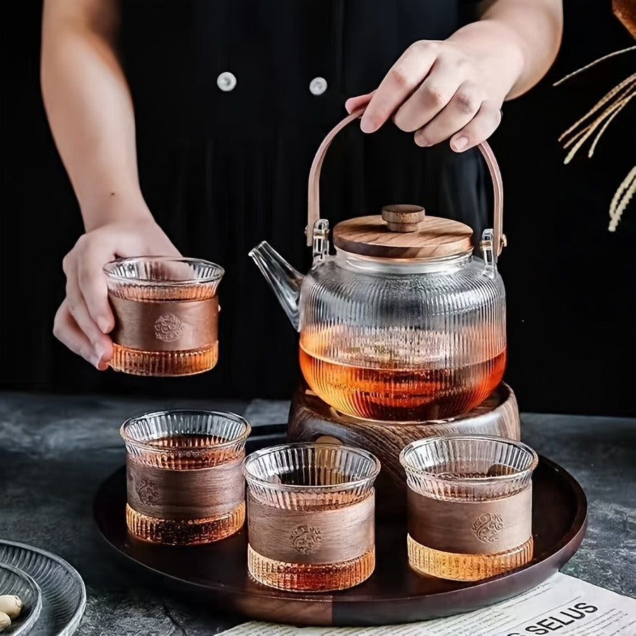 1 Set Creative Striped Glass Tea Set with Infuser - 6 Cup Heat-Resistant Teapot and Cups, Multi-Functional Tea Brewing Kit for Casual Gatherings, Ideal for Christmas, Halloween, Thanksgiving, Ramadan (Eid Al-Fitr) - No Pattern