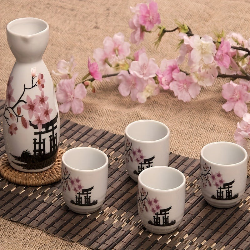 5pcs Handcrafted Japanese Sake Set - Vibrant White & Pink Blossoms, Artisanal Design - A Delightful Birthday Gift and Esteemed Collectible for Special Occasions