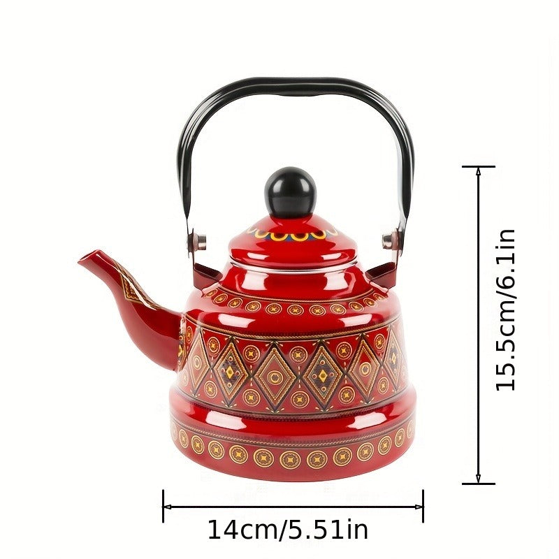 1pc 1.1L Enamel Hot Water Kettle - Geometric Print, Memory Flower Pattern, Ancient Clock Design, Induction Cooker and Open Flame Compatible, Middle Eastern and European Style, Restaurant-Grade Tea and Coffee Pot