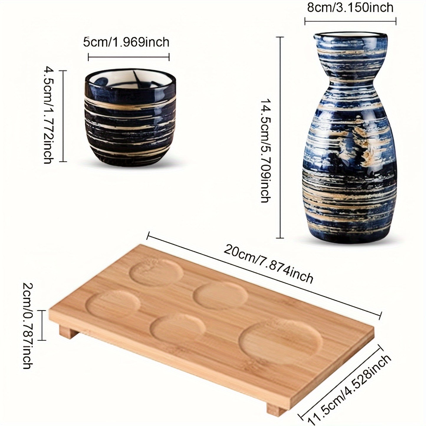 1 Set Japanese Hand-Painted Navy Blue Brushed Striped Ceramic Sake Set - Microwave Safe, Dishwasher Friendly, Ideal for Sushi Restaurants & Family Gatherings