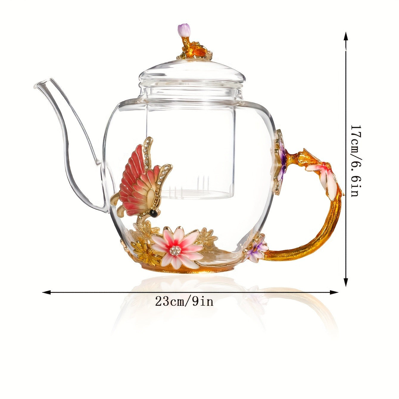 Elegant Pink Butterfly & Lily Glass Teapot - Perfect for Blooming Tea, Loose Leaf, and Herbal Infusions - Ideal Gift for Tea Enthusiasts