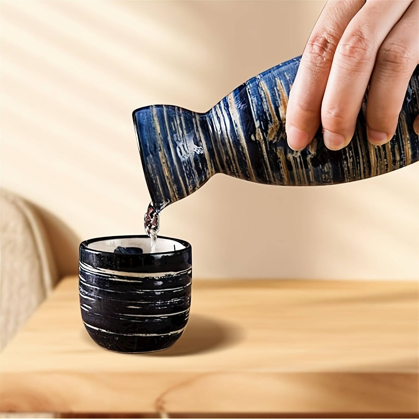 1 Set Japanese Hand-Painted Navy Blue Brushed Striped Ceramic Sake Set - Microwave Safe, Dishwasher Friendly, Ideal for Sushi Restaurants & Family Gatherings