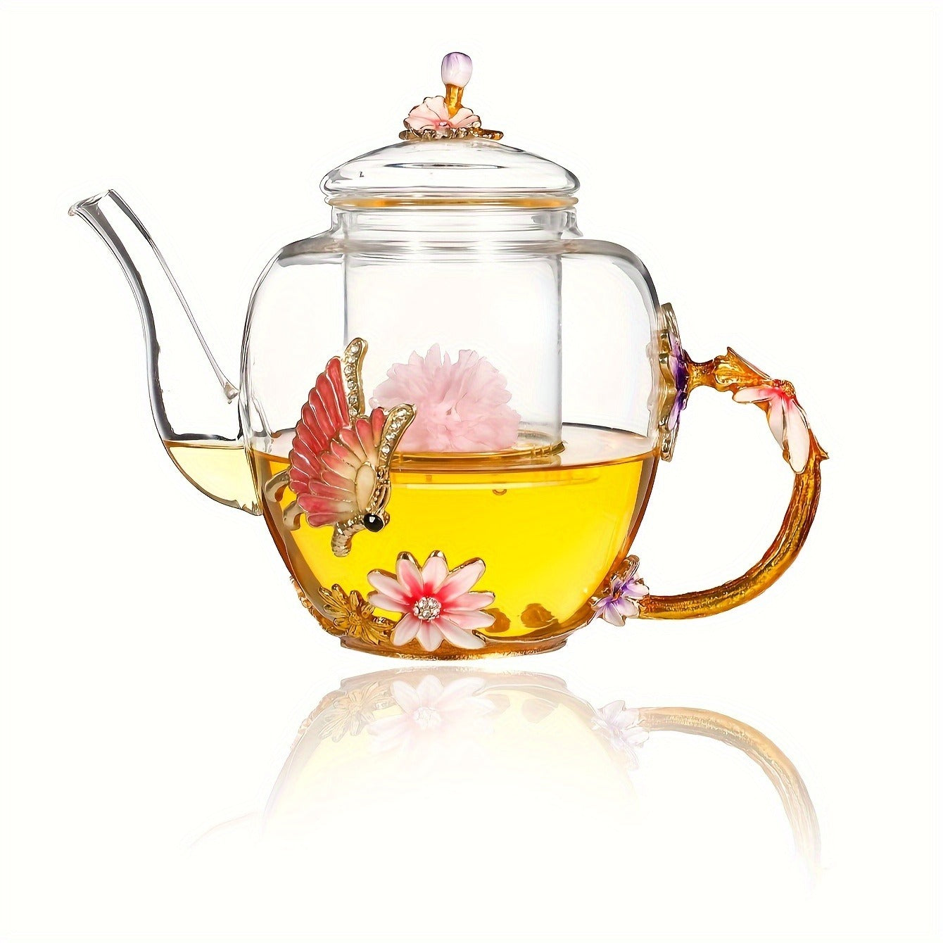 Elegant Pink Butterfly & Lily Glass Teapot - Perfect for Blooming Tea, Loose Leaf, and Herbal Infusions - Ideal Gift for Tea Enthusiasts