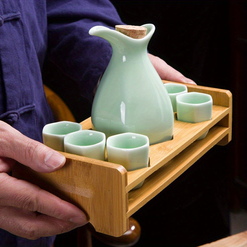 Japanese Ceramic Sake Set with Bamboo Tray - Traditional Crafted Porcelain Sake Decanter (1 Tokkuri) and 6 Ochoko Cups for Home, Sushi Bar, Restaurant, and Wedding