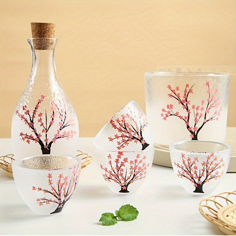 Vintage Plum Blossom Handmade Sake Set - Includes Tokkuri Bottle & Ochoko Cups, Reusable Glassware for Home and Restaurant Use