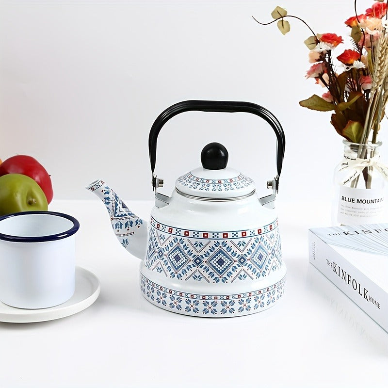 1pc 1.1L Enamel Hot Water Kettle - Geometric Print, Memory Flower Pattern, Ancient Clock Design, Induction Cooker and Open Flame Compatible, Middle Eastern and European Style, Restaurant-Grade Tea and Coffee Pot