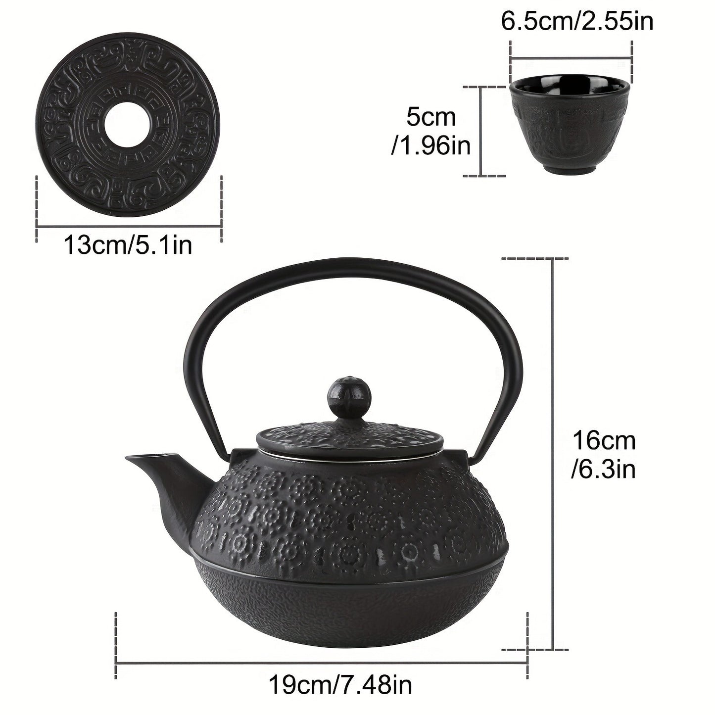 6-Piece Black Japanese Cast Iron Teapot Set (30 Oz/ 900 Ml) With 4 Tea Cups (2 Oz Each), Leaf Tea Infuser, And Trivet