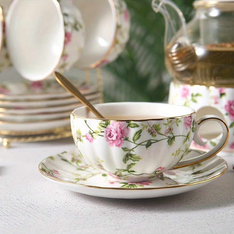1 Set Of 21 Ceramic Tea Sets, Including A Glass Pot, A Base, Six Cups, Six Coasters, Six Spoons And A Metal Holder, Flower Tea Set, Glass Flower Teapot, Afternoon Tea Set, Family Restaurant Hotel Party, Tea Accessories, Gifts For Friends