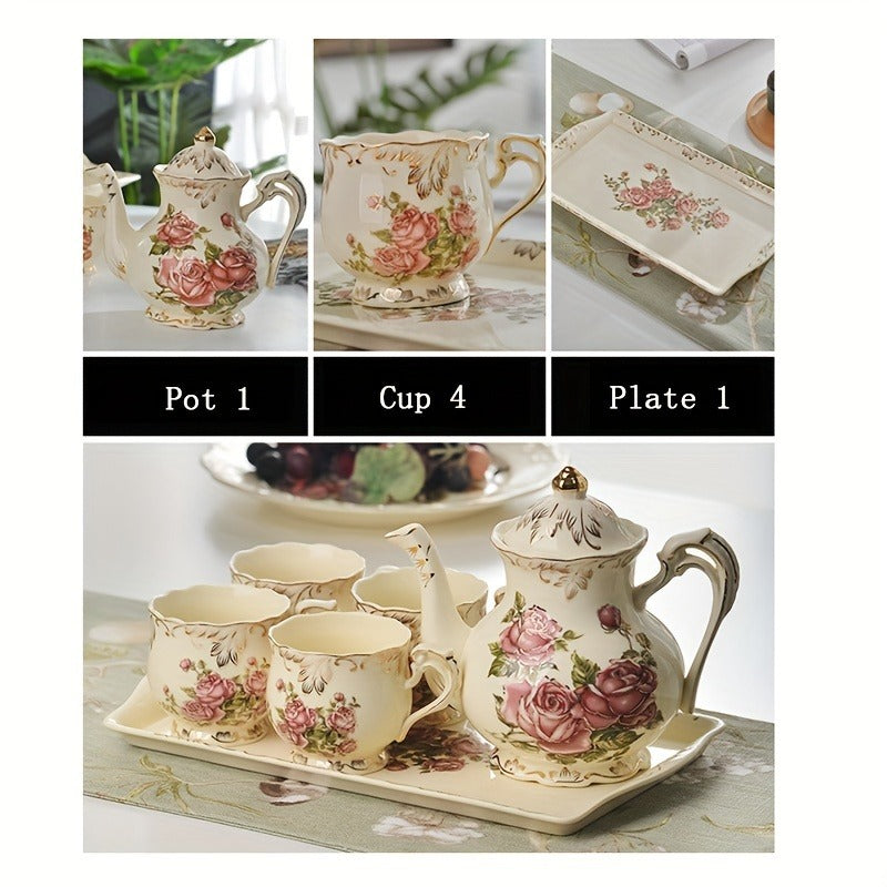10pcs Ceramic Tea Set, European Style Retro Light Luxury Rose Flower Pattern Tea Set, Water Cup, Light Yellow Tea Kettle With Spoon Set, For Afternoon Tea, Restaurant, Living Room