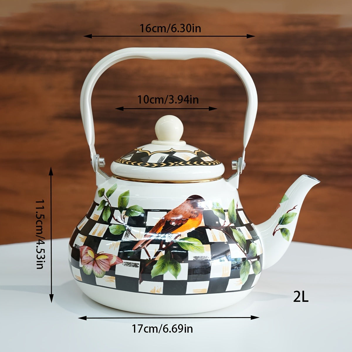 67.63oz Enamel Teapot with Novelty Pattern, Retro Nordic Style Black and White Checkered, and Camping Design, Large Handle High-Capacity, Multi-Functional, Heat-Resistant