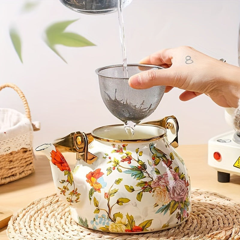 40.58oz Enamel Teapot Set with Infuser - Floral & Bird Design, Thickened for Durability, High-Quality, Stovetop Safe for Electric & Gas, Perfect for Home, Restaurant, and Dining Decor