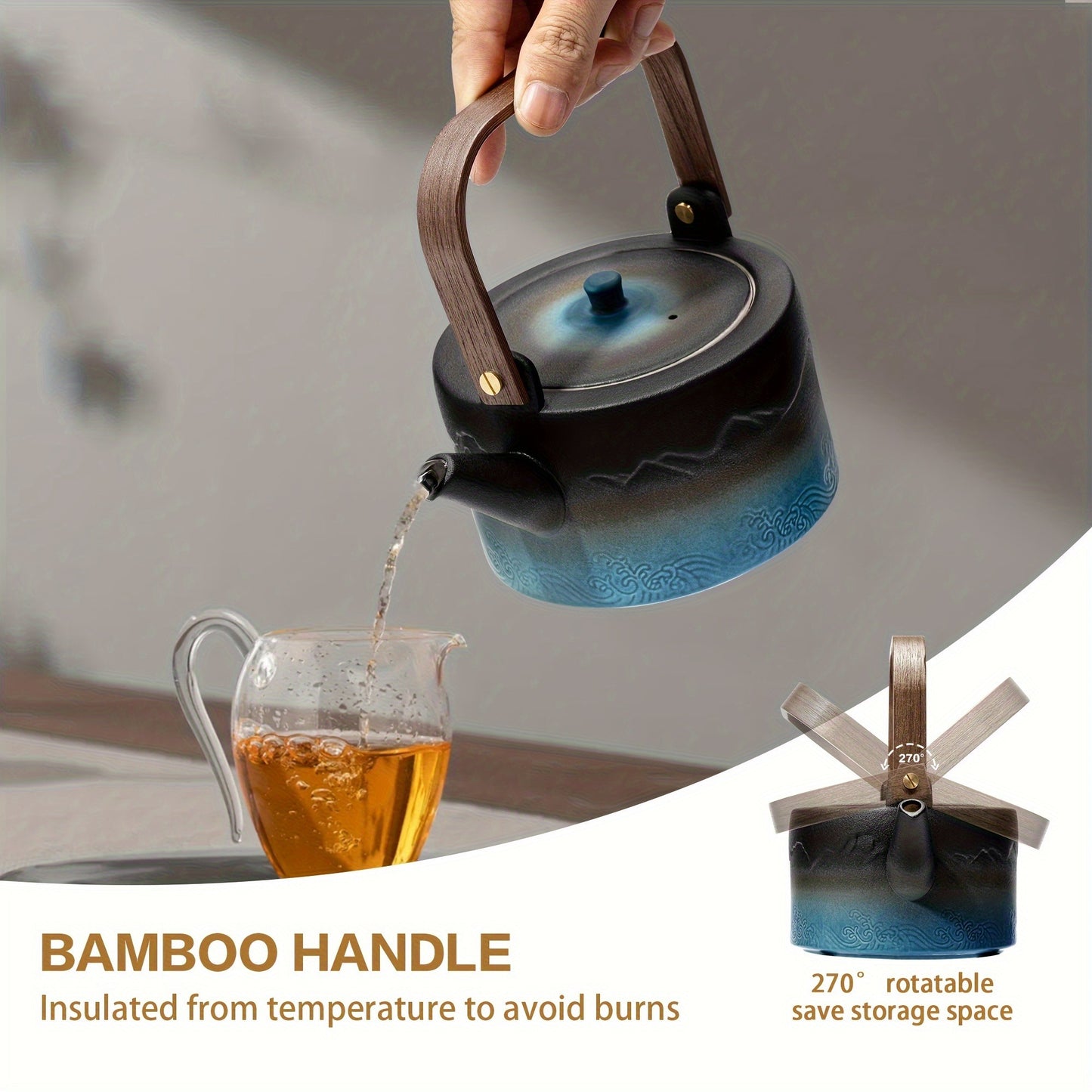 Gradient Embossed Ceramic Japanese Teapot with Removable Infuser for Flower and Loose Tea, Bamboo Handle, Halloween Promotion