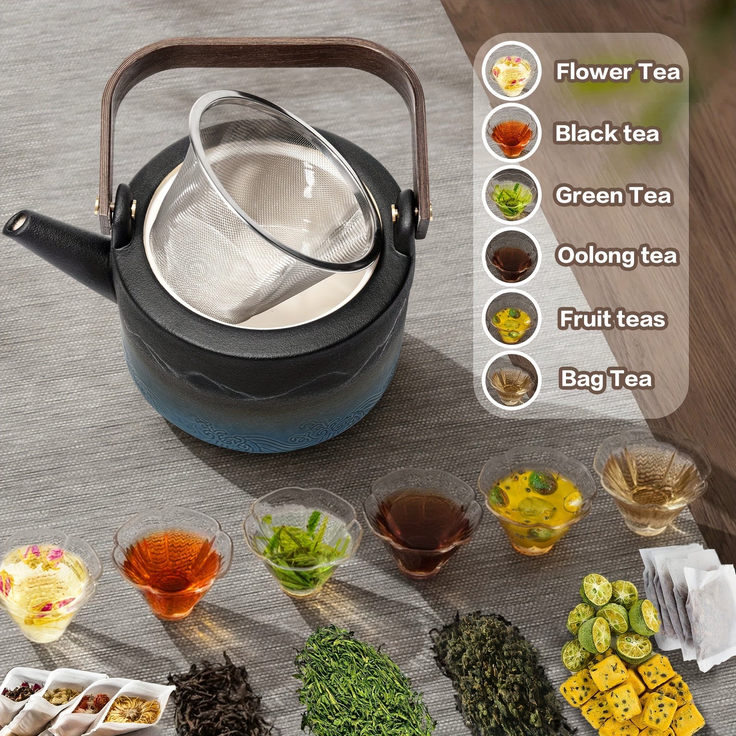 Gradient Embossed Ceramic Japanese Teapot with Removable Infuser for Flower and Loose Tea, Bamboo Handle, Halloween Promotion