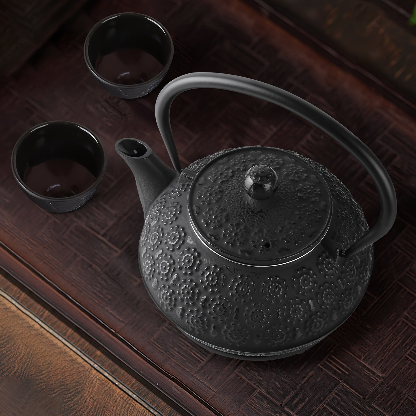 6-Piece Black Japanese Cast Iron Teapot Set (30 Oz/ 900 Ml) With 4 Tea Cups (2 Oz Each), Leaf Tea Infuser, And Trivet