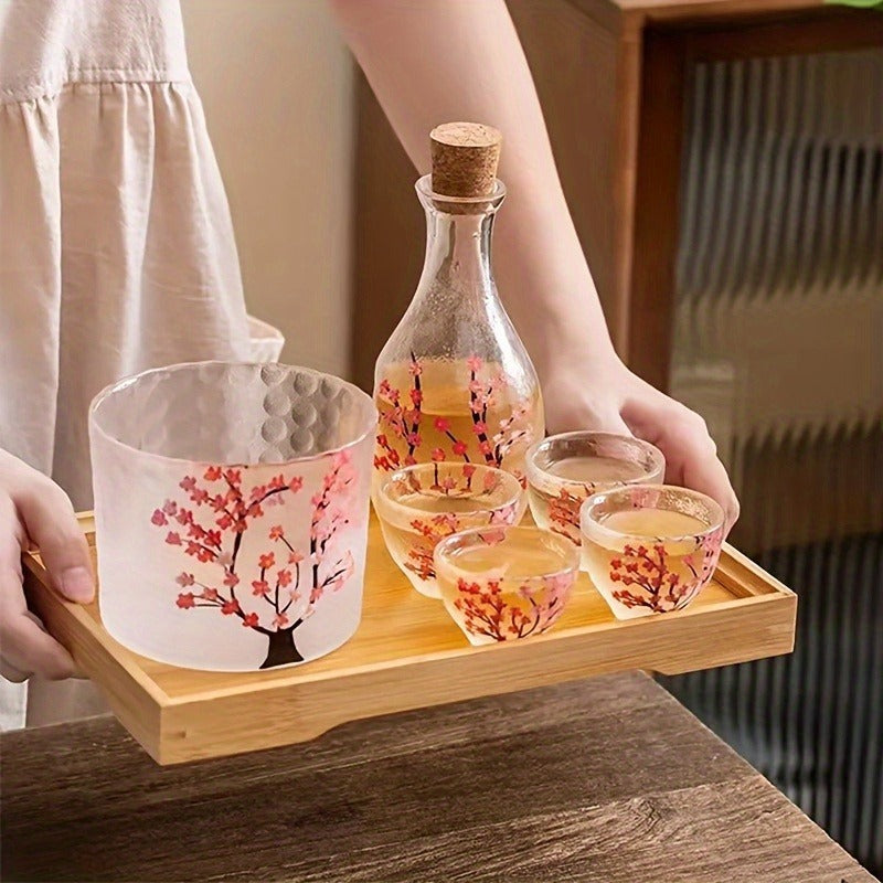 Vintage Plum Blossom Handmade Sake Set - Includes Tokkuri Bottle & Ochoko Cups, Reusable Glassware for Home and Restaurant Use