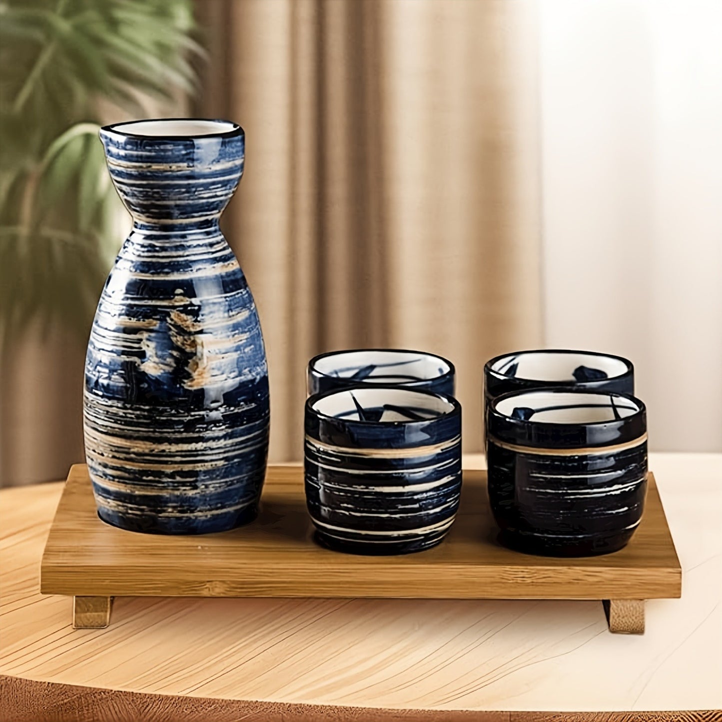 1 Set Japanese Hand-Painted Navy Blue Brushed Striped Ceramic Sake Set - Microwave Safe, Dishwasher Friendly, Ideal for Sushi Restaurants & Family Gatherings