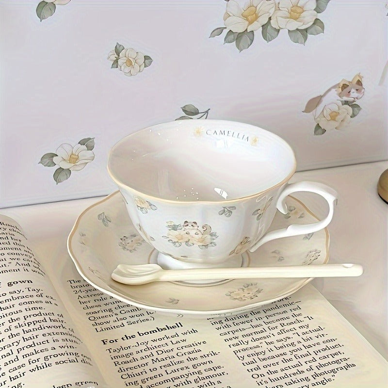 1 Set Camellia Brand Ceramic Tea Set, 2 Cups 2 Saucers 1 Teapot, Hand Wash Only, Lead-Free, Insulated, Animal Theme, Multipurpose Use