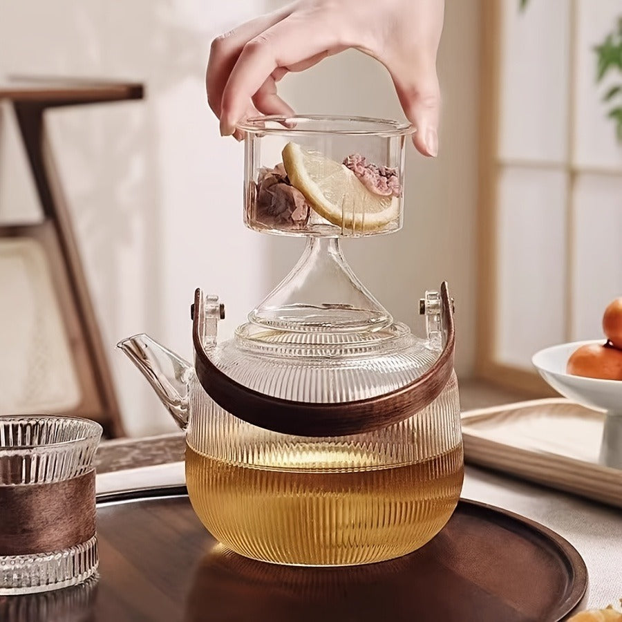 1 Set Creative Striped Glass Tea Set with Infuser - 6 Cup Heat-Resistant Teapot and Cups, Multi-Functional Tea Brewing Kit for Casual Gatherings, Ideal for Christmas, Halloween, Thanksgiving, Ramadan (Eid Al-Fitr) - No Pattern