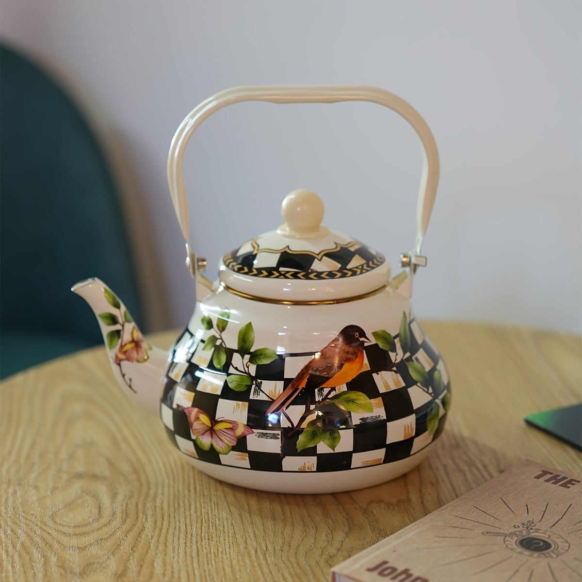 67.63oz Enamel Teapot with Novelty Pattern, Retro Nordic Style Black and White Checkered, and Camping Design, Large Handle High-Capacity, Multi-Functional, Heat-Resistant