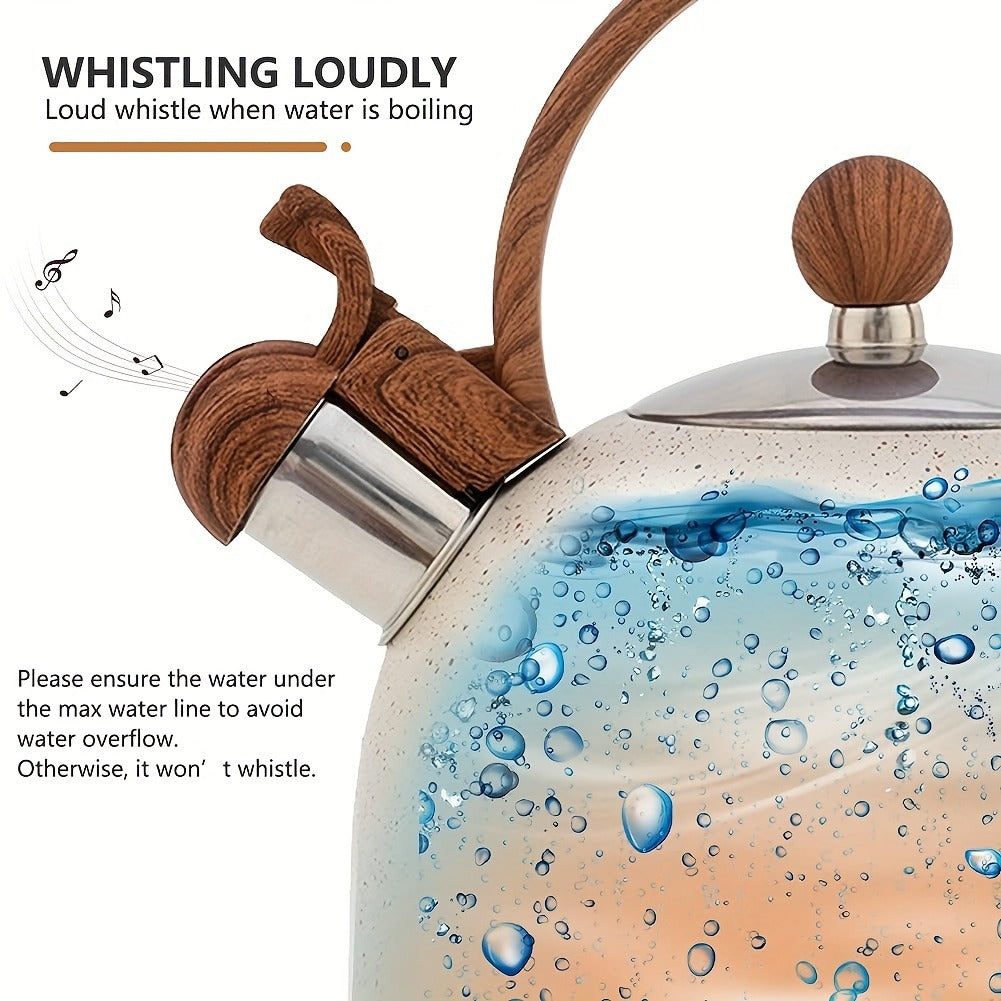 84.54oz Stainless Steel Whistling Tea Kettle with Natural Stone Finish and Wood Pattern Handle - Fast Boil, Perfect for Tea, Coffee, Milk