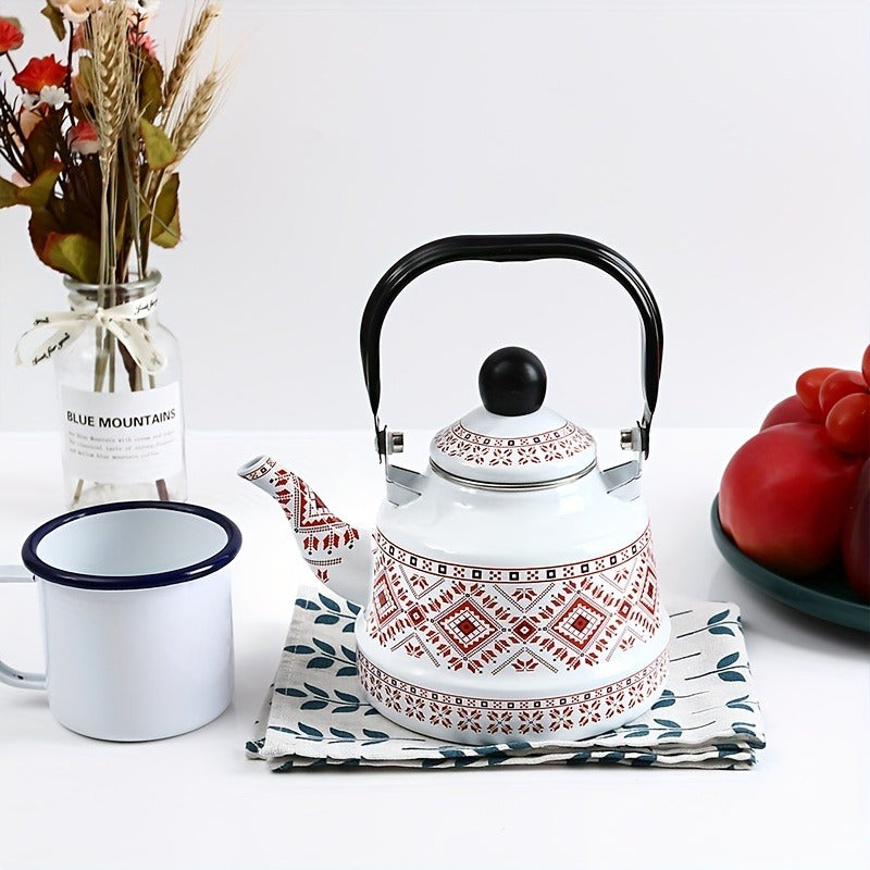 1pc 1.1L Enamel Hot Water Kettle - Geometric Print, Memory Flower Pattern, Ancient Clock Design, Induction Cooker and Open Flame Compatible, Middle Eastern and European Style, Restaurant-Grade Tea and Coffee Pot