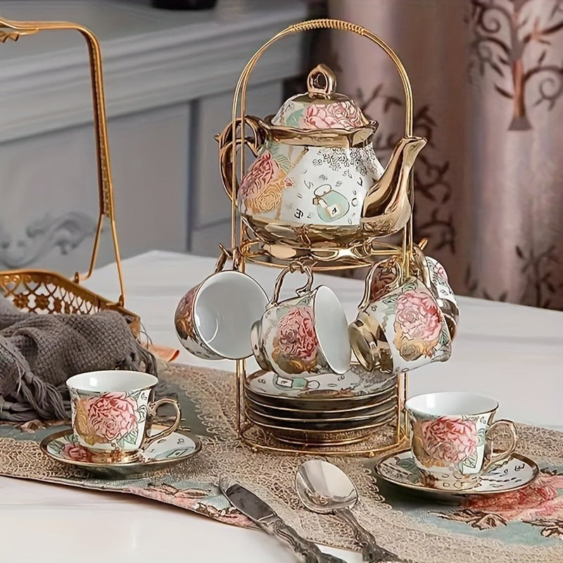 14-Piece European Ceramic Tea Set with Metal Stand, Elegant Floral Design, Holiday Theme for Afternoon Tea & Gift Giving