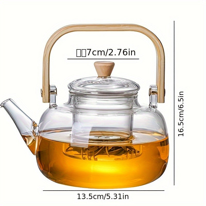 Glass Teapot with Bamboo Handle – 34oz Clear Borosilicate Glass Tea Kettle with Removable Infuser, Heat Resistant Loose Leaf Tea Brewer