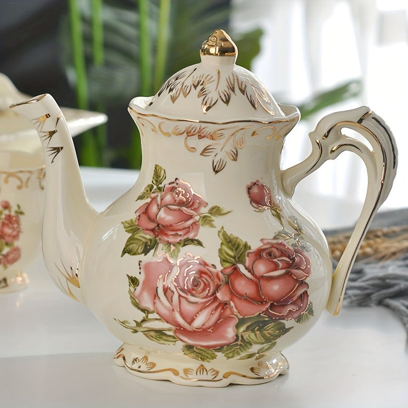 10pcs Ceramic Tea Set, European Style Retro Light Luxury Rose Flower Pattern Tea Set, Water Cup, Light Yellow Tea Kettle With Spoon Set, For Afternoon Tea, Restaurant, Living Room