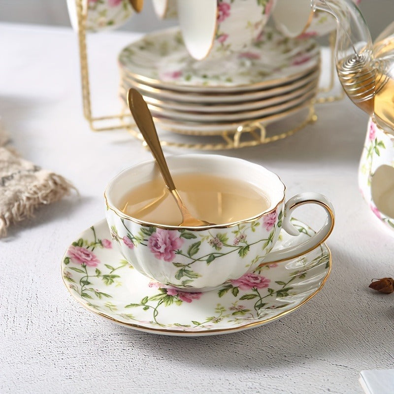 1 Set Of 21 Ceramic Tea Sets, Including A Glass Pot, A Base, Six Cups, Six Coasters, Six Spoons And A Metal Holder, Flower Tea Set, Glass Flower Teapot, Afternoon Tea Set, Family Restaurant Hotel Party, Tea Accessories, Gifts For Friends