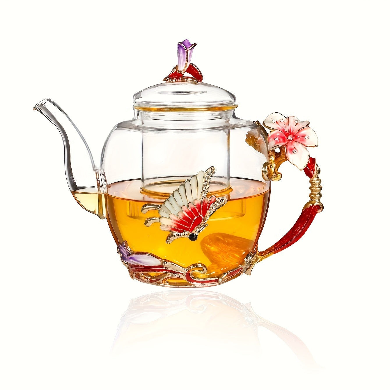 Elegant Pink Butterfly & Lily Glass Teapot - Perfect for Blooming Tea, Loose Leaf, and Herbal Infusions - Ideal Gift for Tea Enthusiasts