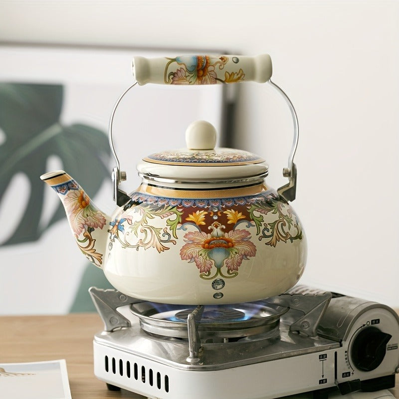 1pc Floral Ceramic Enamel Teapot Tea Kettle For Stovetop, Thickened Flat Bottom 84.54oz Home Cold Kettle Teapot Milk Teapot Induction Cooker Gas Universal